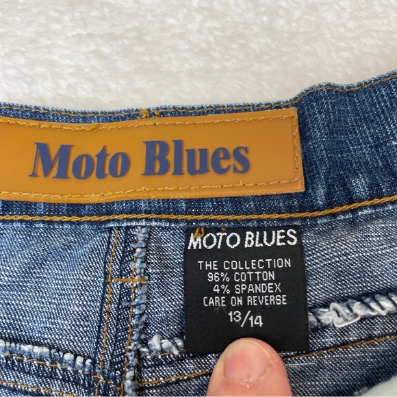 MOTO BLUES Jeans Skirt Split In Front RN 35320 Women's 13/14 Medium Wash Fringe - Picture 7 of 13